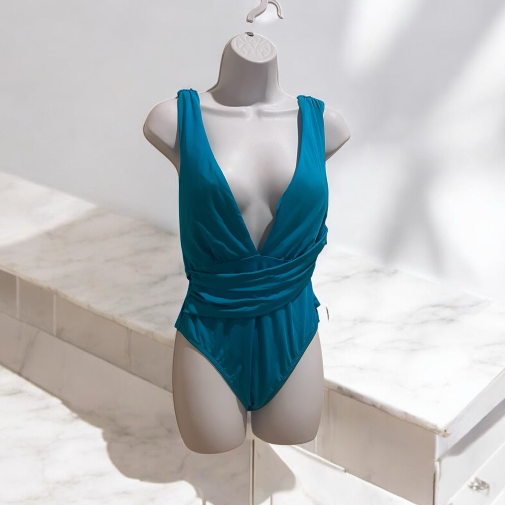 Trina Turk Blue One Piece Swimsuit with Plunging V-Neckline